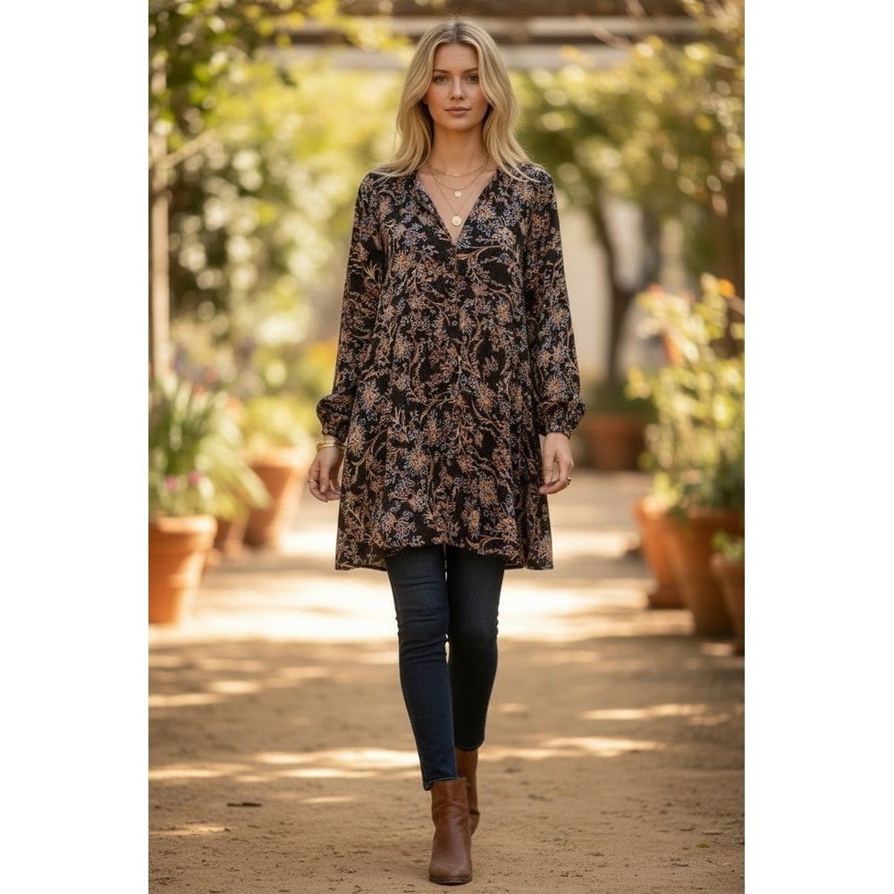 California Moonrise  Tunic Mini Dress Womens M Black Floral Boho V-Neck Long